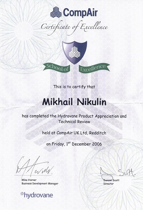 сертификат Hydrovane